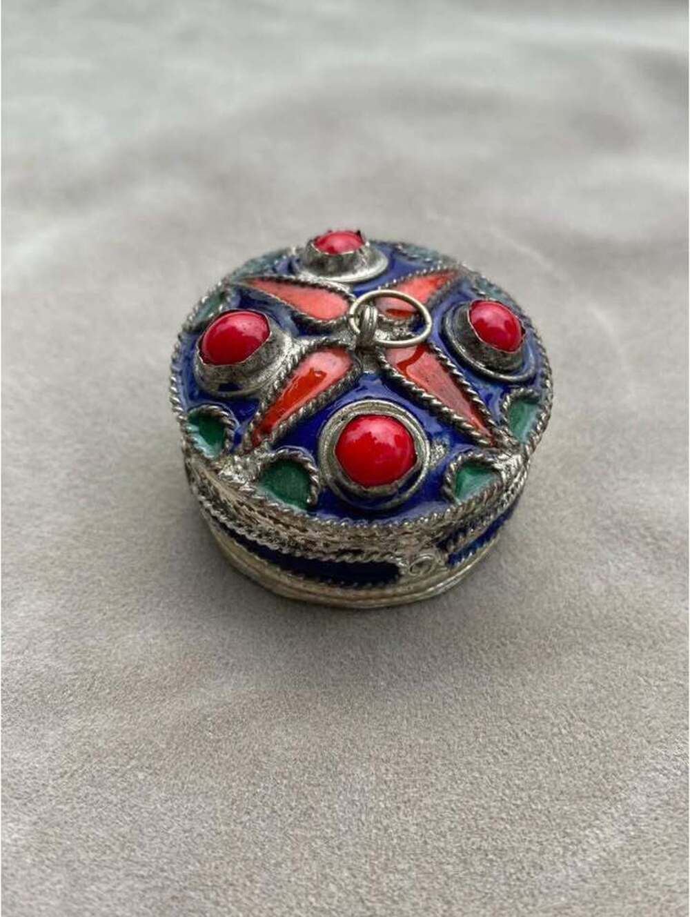 Vintage Berber Style Enamel and Coral Trinket Box